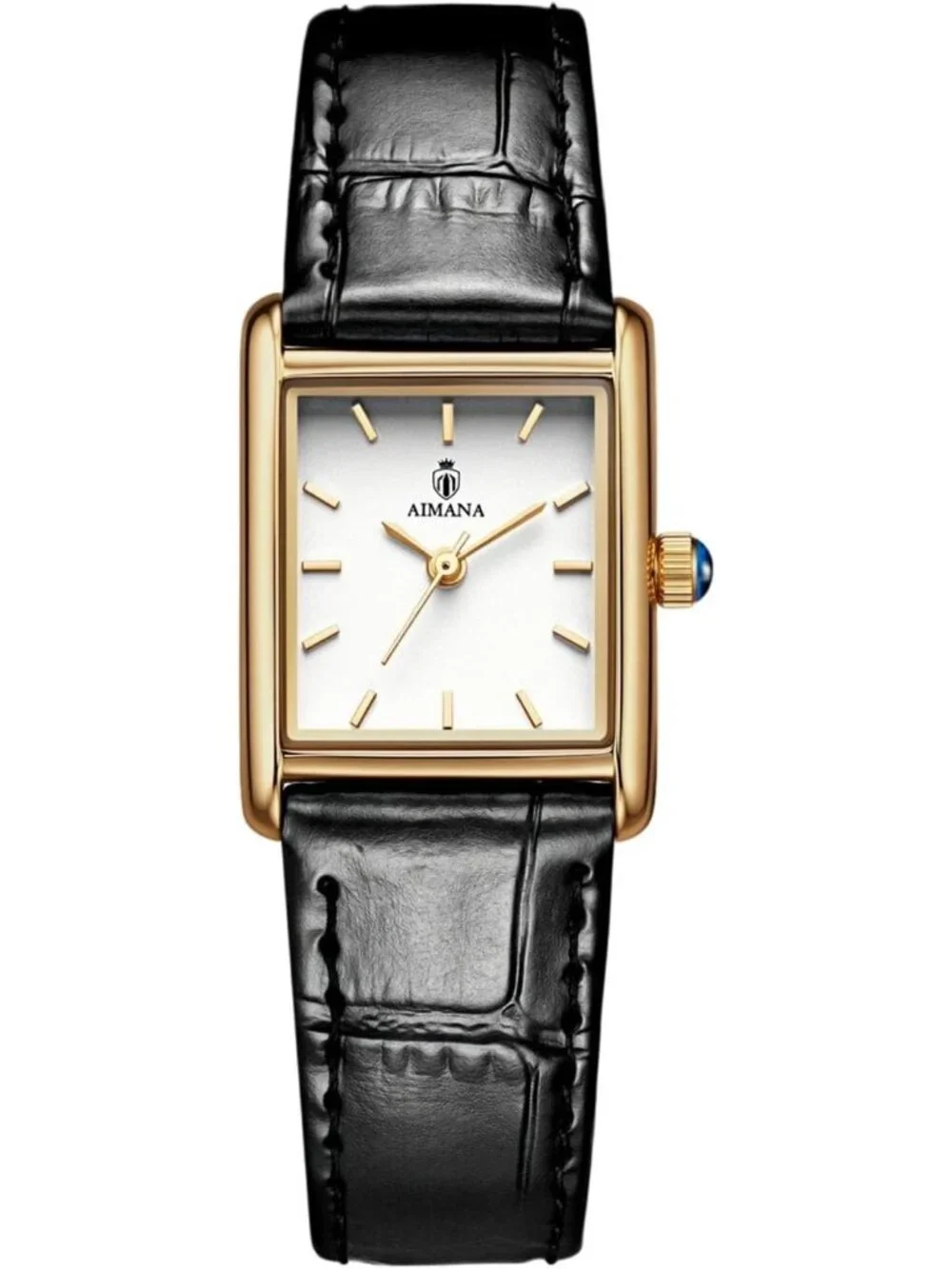 Women's Gold Case Black Rectangle Vintage Leather Strap  Quartz Movement Watch